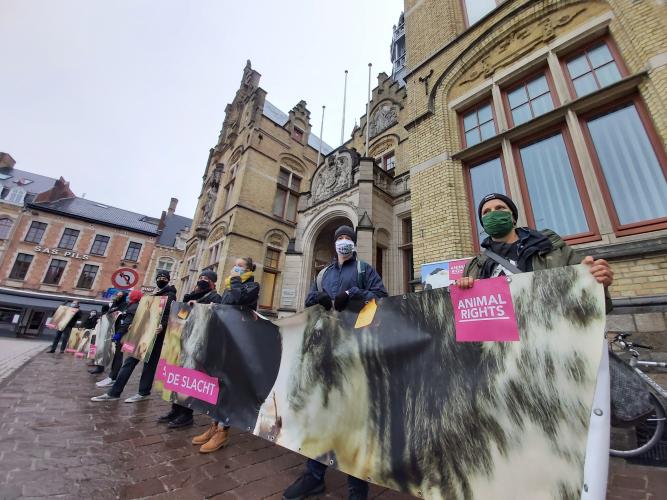 Met de actie werd gerechtigheid voor de dieren en de definitieve sluiting van slachthuis Izegem geëist.