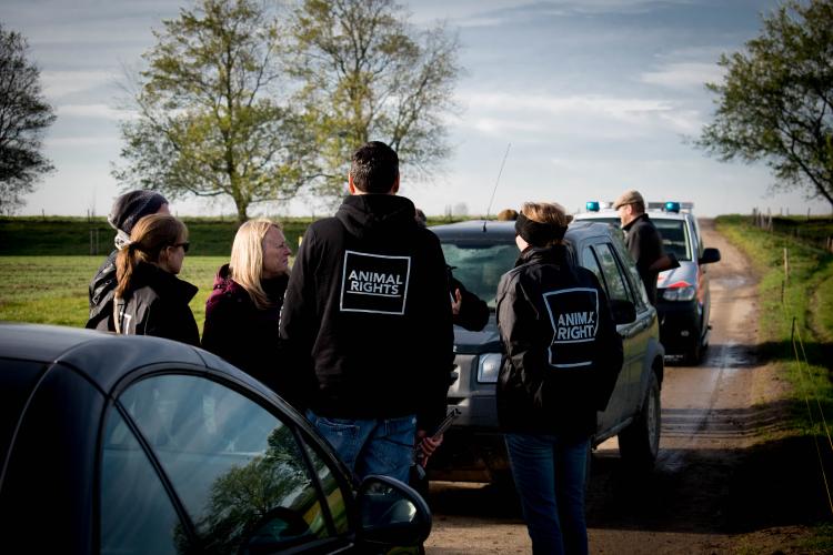 Vorig jaar: jagers blokkeren de weg.